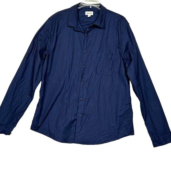 Open Edit Mens XL Navy Blue Button Up Long Sleeve Shirt Stretch Cotton Blend - Picture 1 of 12